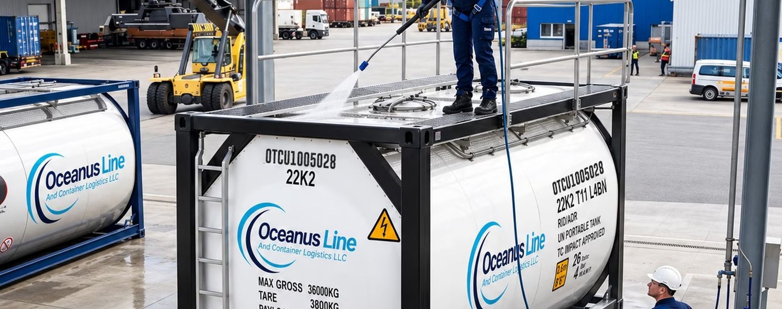 Technician working on an Oceanus Line gas tank container