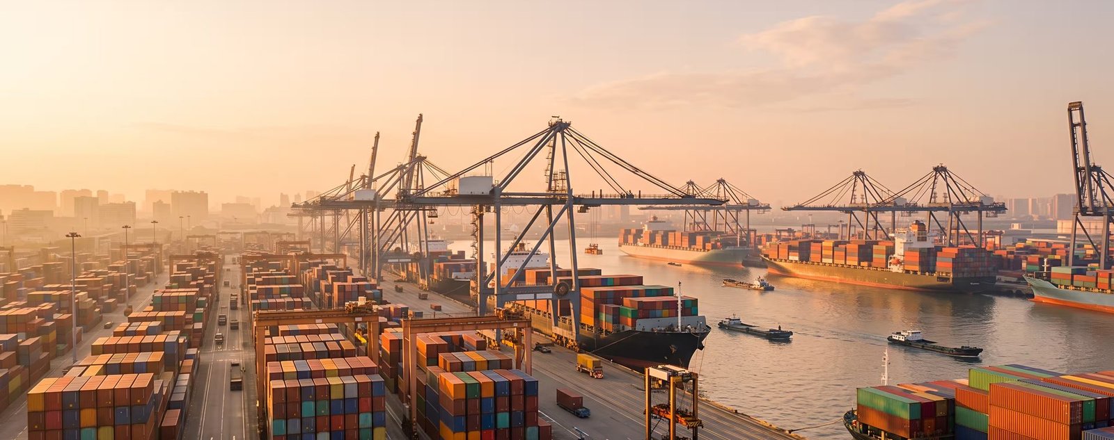 Container port at sunrise