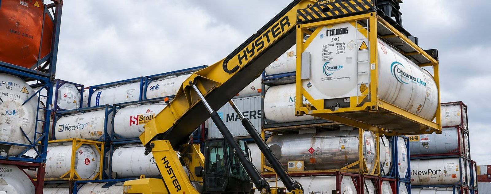 Reach stacker lifting an Oceanus Line tank container
